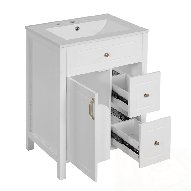 Meuble-lavabo de salle de bain avec lavabo en céramique, 1 porte à fermeture douce et 2 tiroirs à fermeture douce, Blanc