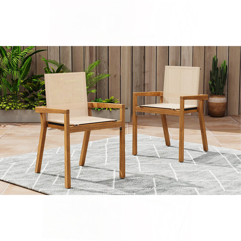 Chaise de salle à manger, ensemble de 2, structure en teck et textile beige