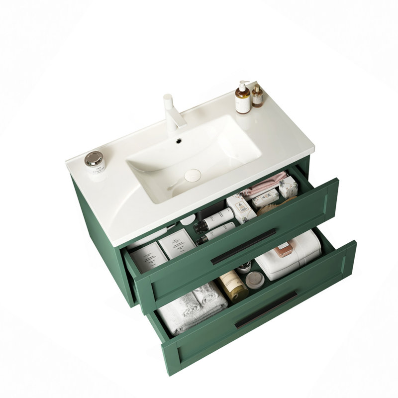 Meuble-lavabo de salle de bain avec lavabo, armoire de rangement flottante murale moderne avec 2 tiroirs (sans armoire latérale), lavabo en céramique blanche sans robinet