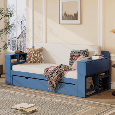Queen Size Daybed With Removable Desk, Storage Drawers & Hydraulic Side Table, Blue