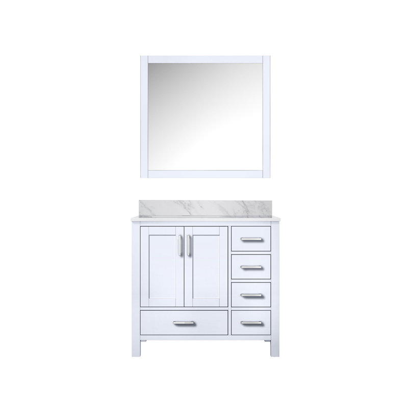 Jacques 36 in. W x 22 in. D Left Offset Bath Vanity and 34 in. Mirror, White, White Carrara Marble