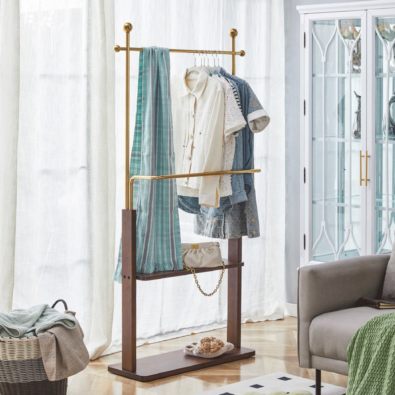Cintre en acier inoxydable, portemanteau en bois massif de couleur noyer, conception haute de 68,9 pouces avec cloison en bois massif (une armoire pour plusieurs utilisations)