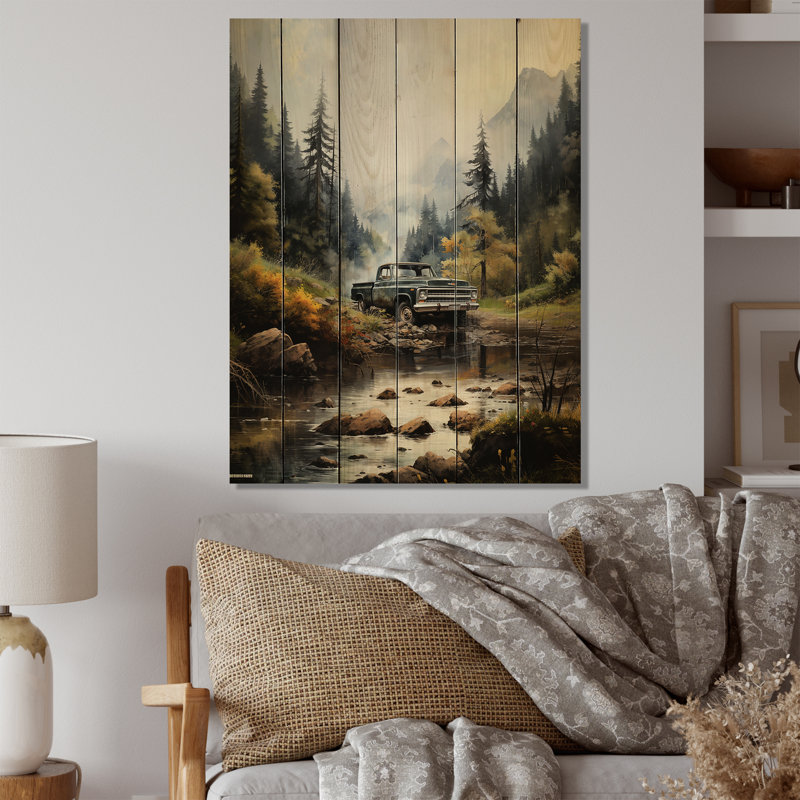 Camionnette verte «Misty Mountains I» sur bois, H 20 po x l 10 po x P 0,78 po
