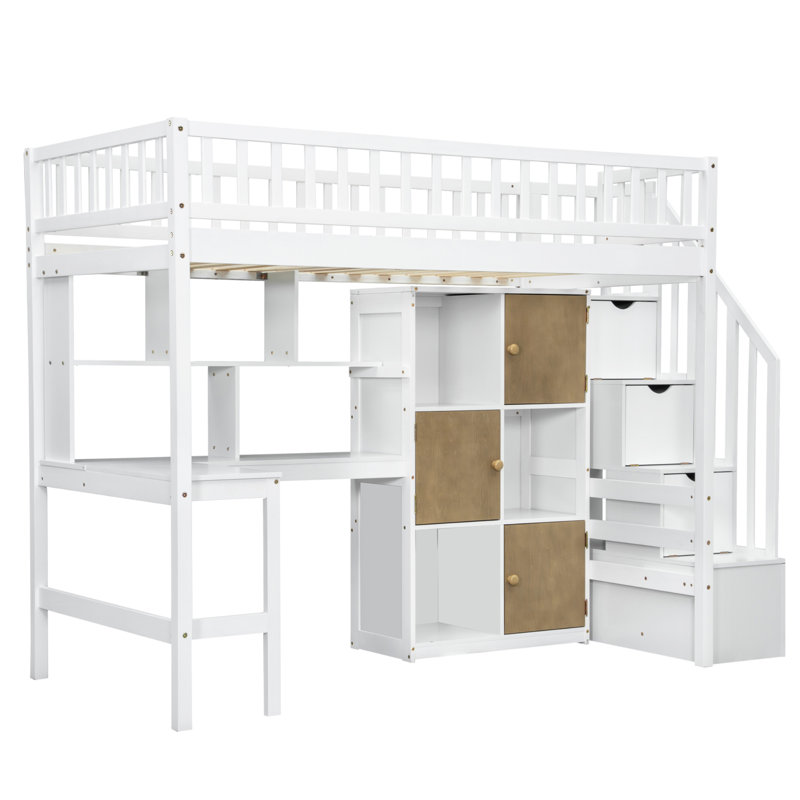 Lit mezzanine en bois avec bureau, lumières DEL, tablettes de rangement, armoires et escalier, Blanc