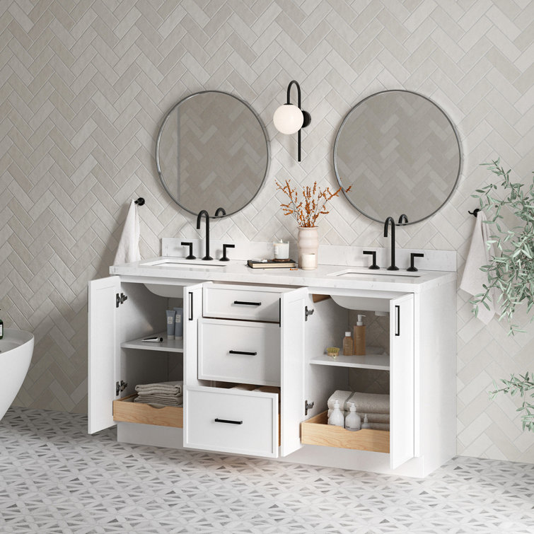 Ariel Kelly 66 Inch Double Rectangular Sink Bathroom Vanity With Carrara White Quartz Countertop In Grey