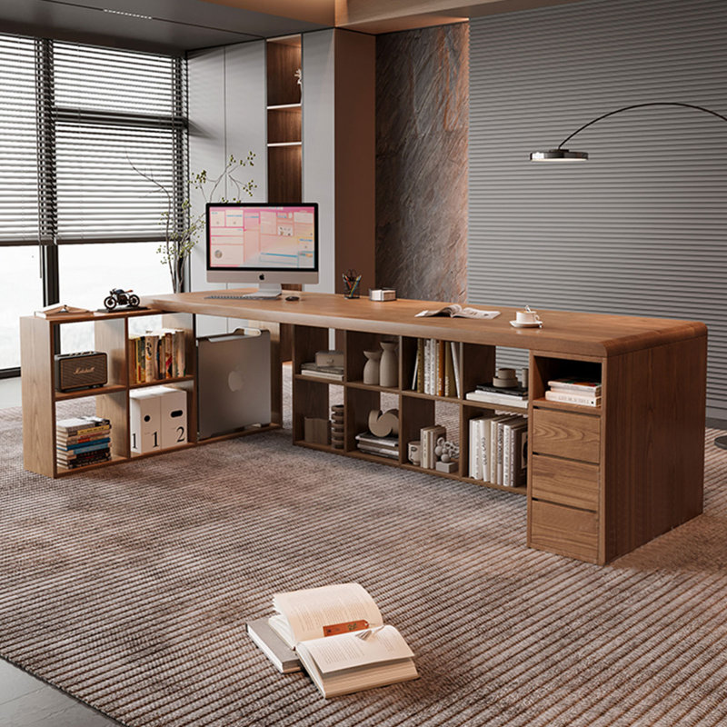 Bureau en bois massif en L noyer clair avec 3 tiroirs, H 29,53 po x l 70,87 po x P 51,18 po
