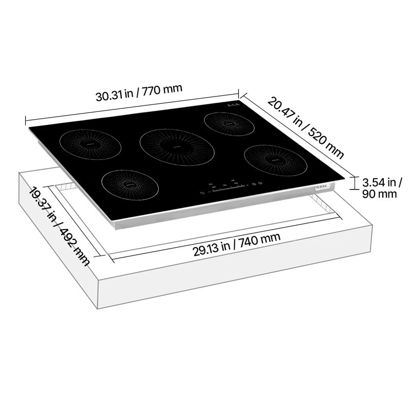 Surface de cuisson à induction, 30 po, 5 brûleurs, surface de cuisson magnétique intégrée de 9 200 W, écran tactile DEL, 9 niveaux de chauffage, 220 V