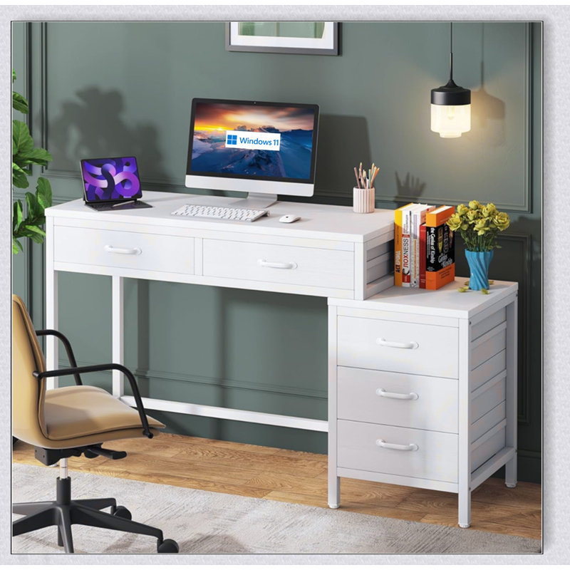 Bureau d'ordinateur 51 pouces réversible avec 5 tiroirs et classeur, idéal pour les petits espaces et les bureaux à domicile