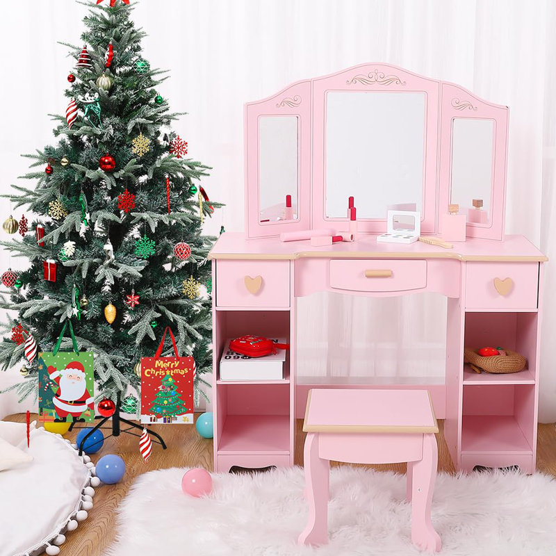 Childrenâ€™s Vanity Table and Stool, Pretend Play Set with Tri-Folding Mirror, 3 Drawers, 4 Shelves & Accessories,