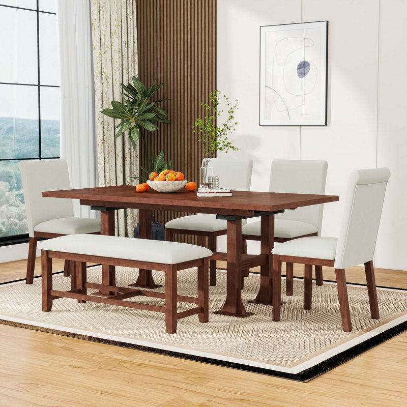Ensemble de salle à manger, table extensible, chaises rembourrées et banc 6 pièces Emere, Brun, Gris clair, Gris clair