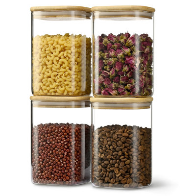 41 oz Airtight Glass Square Storage Jars with Bamboo Lids, Set of 4 (1200 ml) Containers Stackable Jars, Kitchen Jars
