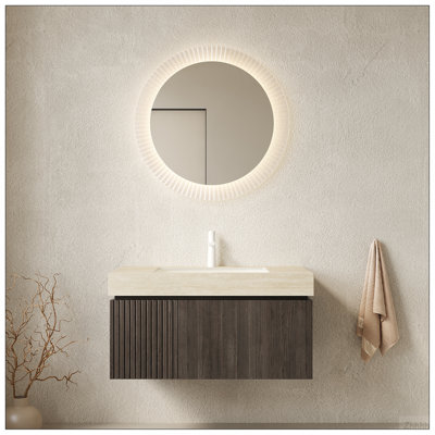 MURI 30" Bathroom Vanity&Sink, Floating Plywood Storage Cabinet with Drawer&Door, Carrara White Sintered Stone Top&Ceramic Basin with 1 Pre-drilled Faucet Hole, Pre-assembled, Heidelberg Woodgrain