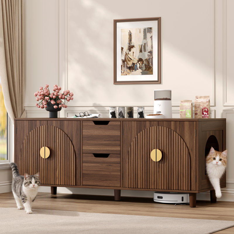 55.1'' W Double Cat Litter Box Enclosure For 2 Cats, Modern Fluted Cat House Furniture 