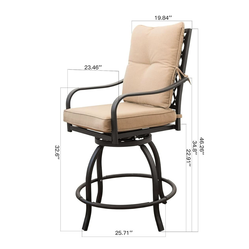 Outdoor Living Pivote les tabourets de bar kaki - fabrication en métal, coussin de dossier de siège confortable pour le balcon de jardin pivotant, kaki, métal, support