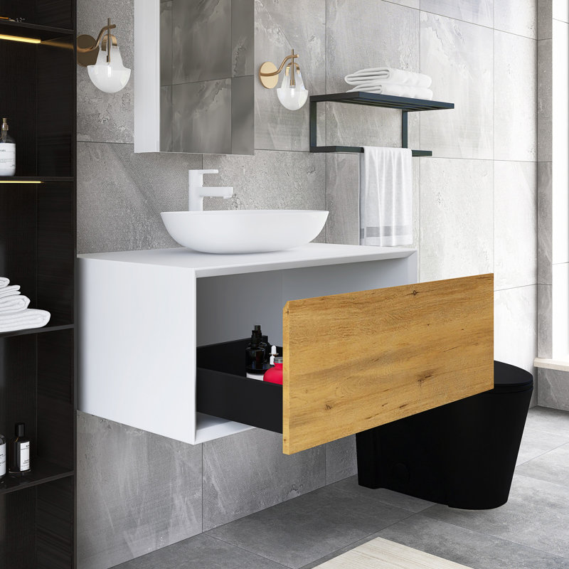 36" Wall Mounted Bathroom Vanity With White Solid Surface Top