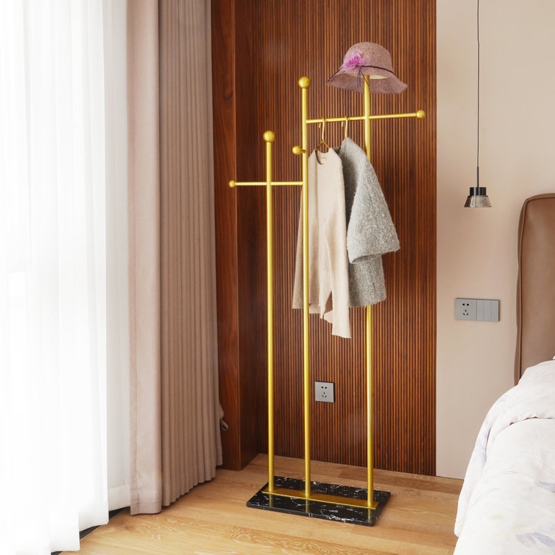 Eimie Steel 6 - Hook Freestanding Coat Rack with Weighted Marble Base, Golden Yellow