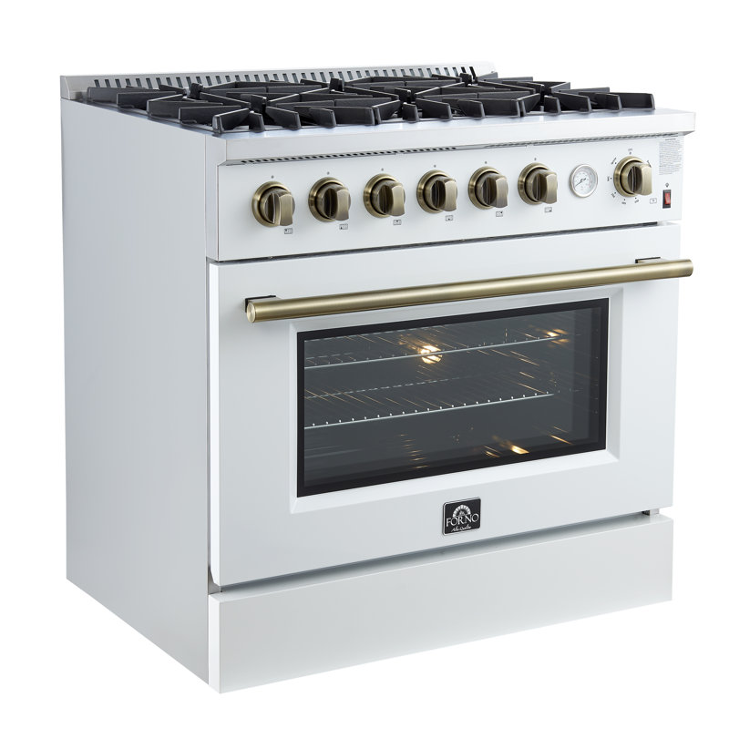 Marco 36-Inch Gas Range Black or White & Antique Brass Design, 6 Burners 67,000 BTU, 5.36 cu.ft. Convection Oven & Temperature Gauge