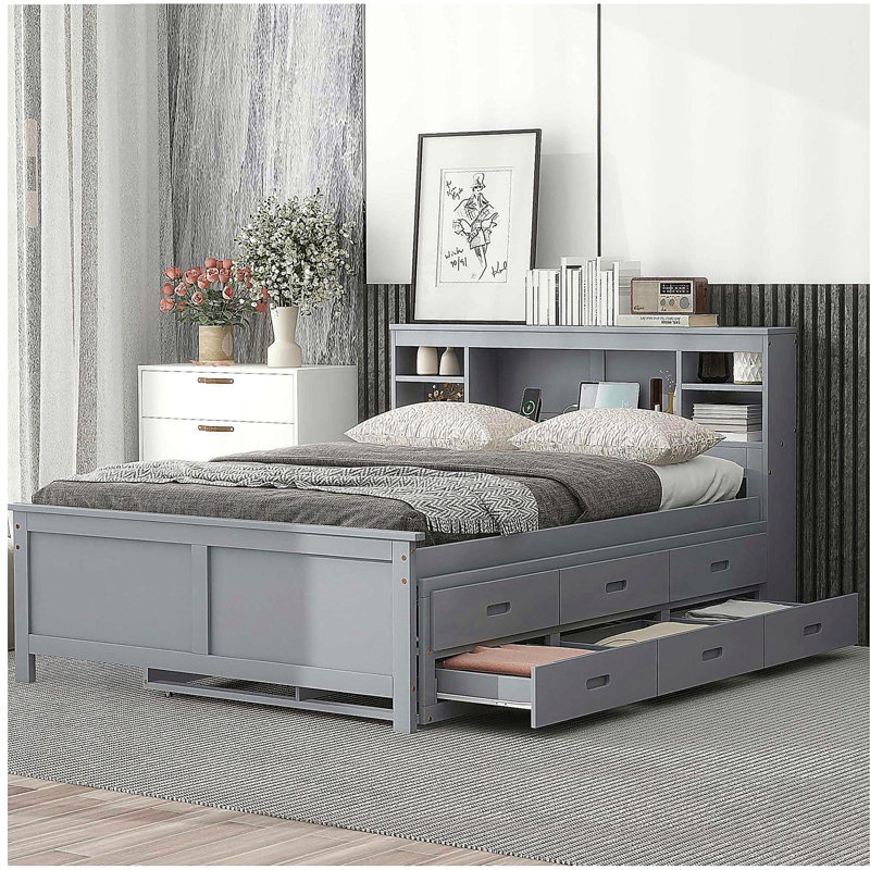 Lit plateforme double avec tête de lit à rangement, USB, lit gigogne simple et 3 tiroirs, gris, Full / Double, Grey