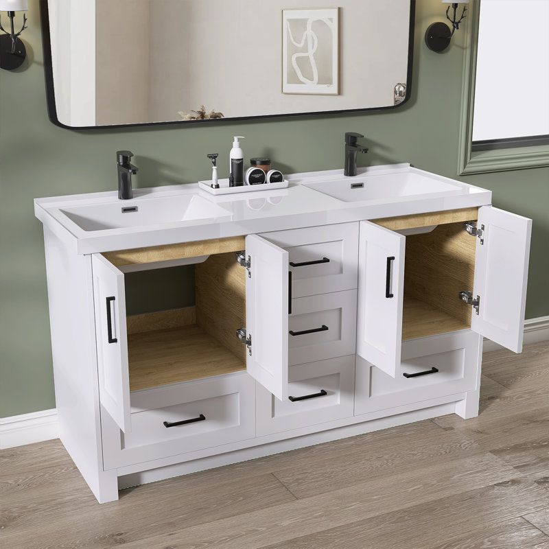 Donnal 60in. Free Standing Double Sinks Bathroom Vanity with Solid Surface Top, White