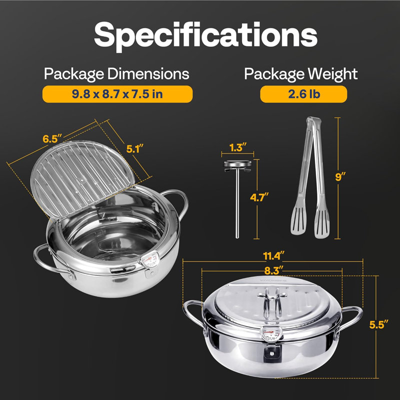Friteuse en acier inoxydable avec pince, thermomètre, H 5,5 po x l 8,3 po x P 5,1 po, 2.2 quarts