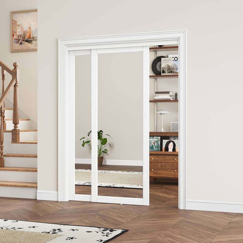 Portes coulissantes en miroir 60 po x 80 po avec trousse de quincaillerie et poignées pour porte de garde-manger, Blanc