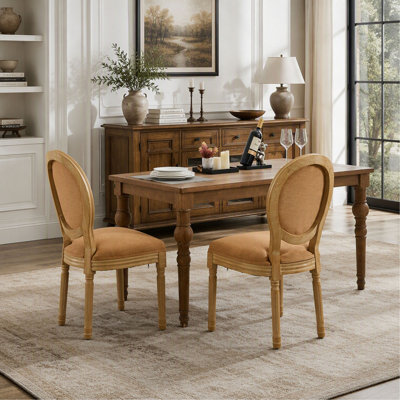 Ensemble de chaises de salle à manger style français Furniture (ensemble de 2), structure en bois massif peint antique, revêtement en tissu de lin, brun clair