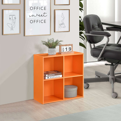 Bibliothèque de rangement moderne à 4 cubes avec tablettes ouvertes, casiers empilables et tablettes compactes pour le salon, la chambre à coucher, la chambre d'enfant ou le bureau à domicile - Orange