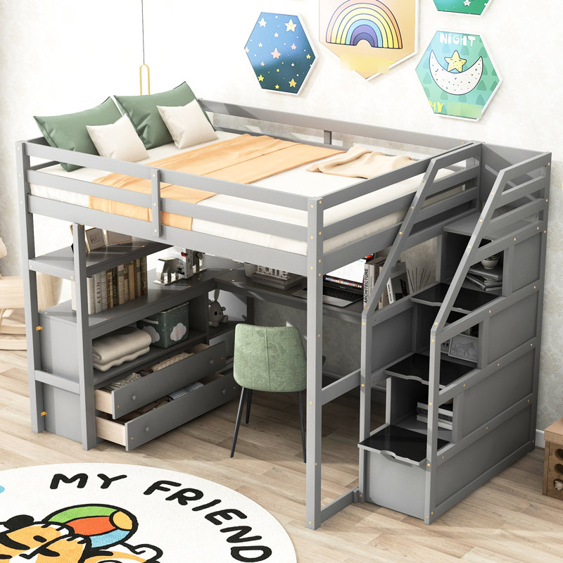 Lit mezzanine double en bois massif gris avec bureau, tablettes, tiroirs et tablette de rangement, Lit double, Gris