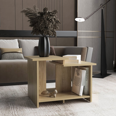Table basse en chêne avec tablette ouverte, rangement de bureau moderne organisé pour le salon