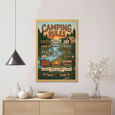 Camping Rules Adventure Scene Canvas Wrapped Wall Art Oil Painting Print With Forest Tent Campfire And Nature Elements For Outdoor Themed Decor In Living Room Bedroom Or Cabin