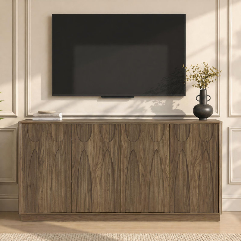 Buffet 64 portes à 4 portes avec tablettes réglables, crédence de rangement Mid-Century moderne pour le salon ou la cuisine, noyer clair