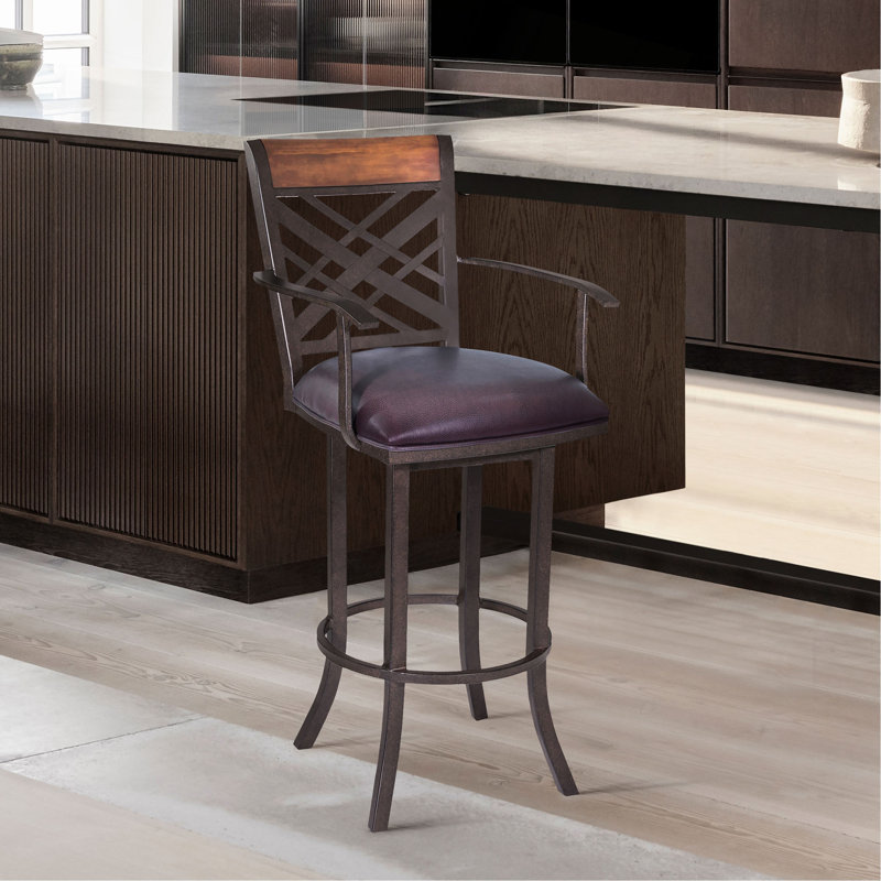 Tabouret de bar à accoudoirs au fini baie d'Auburn avec revêtement en polyuréthane brun