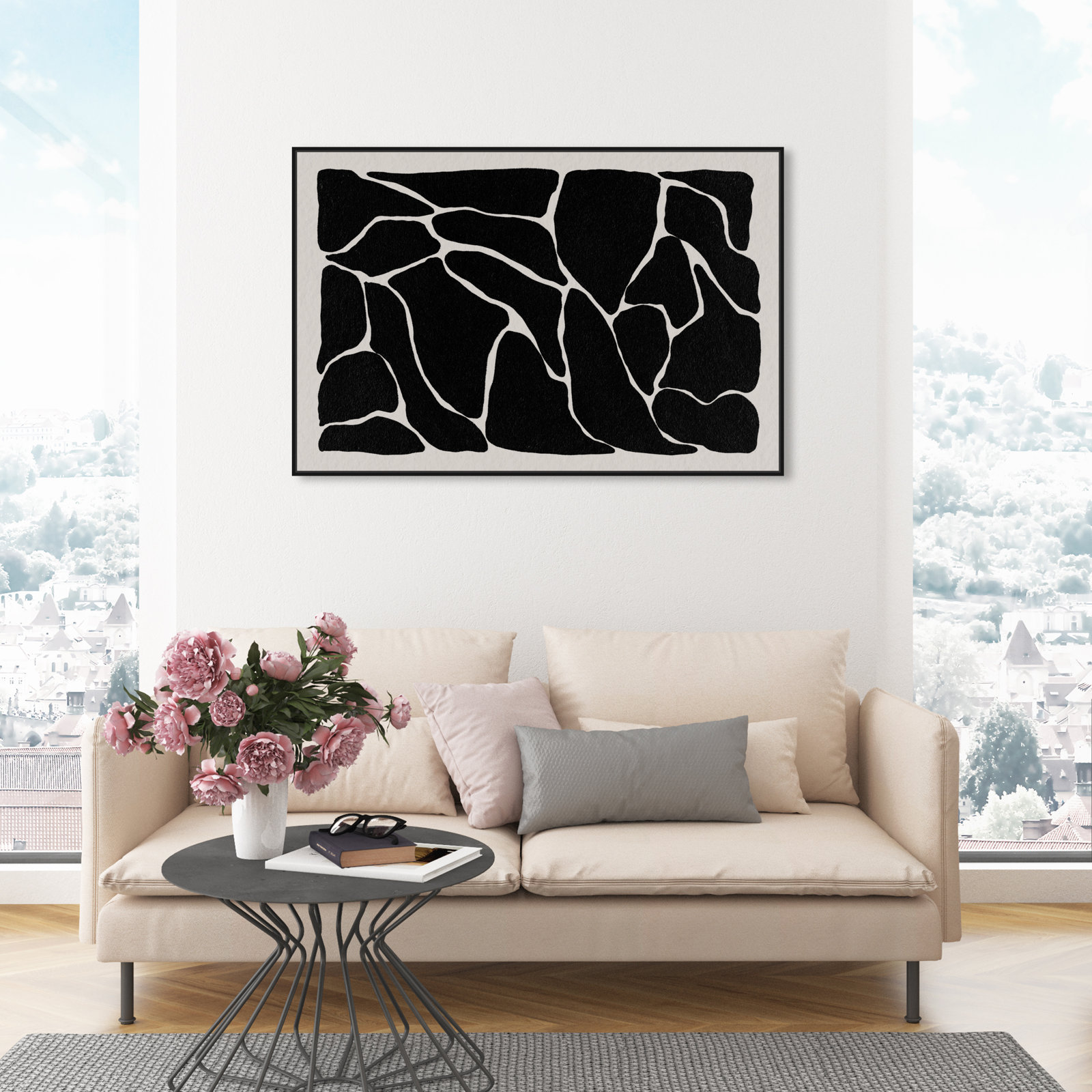 Abstract Black and White Giraffe Pattern Print, Black, 31" H x 46" W