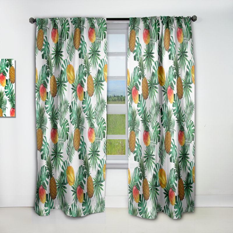Rideau simple occultant avec ananas, mangue, carambole et feuilles - Nature, L 52 po x L 63 po