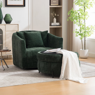 Fauteuil pivotant à 360° surdimensionné de 99 cm (39 po) de large et demi-canapé avec pouf rond, fauteuil club citrouille capitonné en chenille, 3 coussins et tabouret de rangement pour salon, chambre, salon, vert