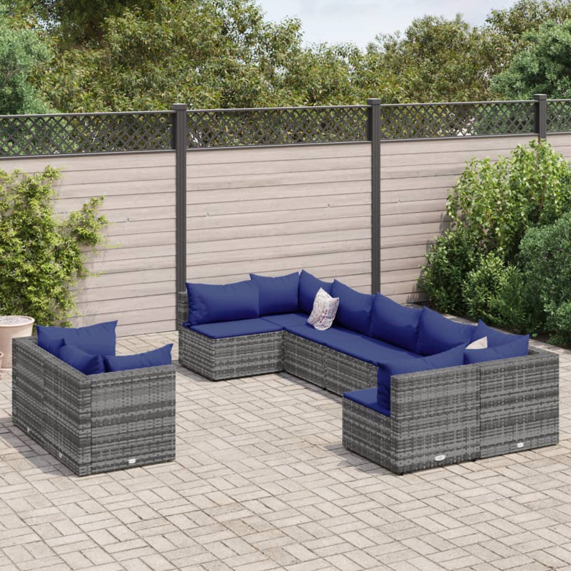 Ensemble de 9 canapés de patio modulaires en rotin 9 pièces, Bleu, Gris