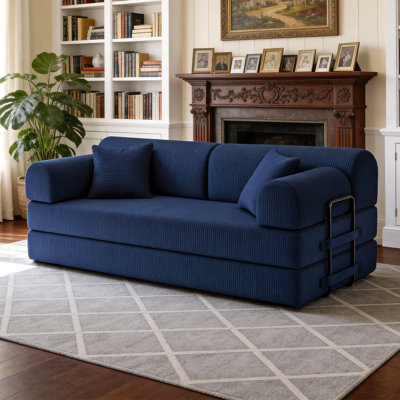 Convertible Sleeper Sofa Bed,Corduroy Folding Mattress Couch with Fixed-Shape Frame, Floor Sofa Lounge Couch for Living Room Bedroom(blue)
