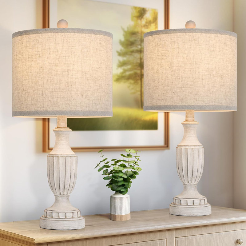 22“ Farmhouse Table Lamps Set Of 2, White Rustic Vintage Table Lamps For Living Room Bedroom, Antique Desk Lamps, White