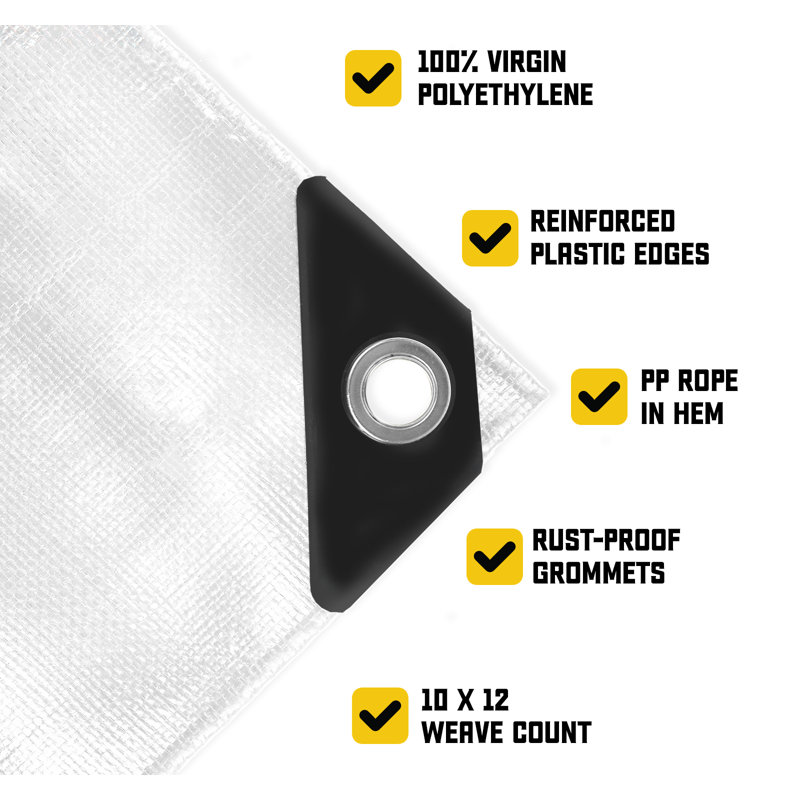 Classic 5 mil 24 pi x 30 pi, blanc, housse de bâche, imperméable, résistante aux rayons UV, à l'épreuve des déchirures et des déchirures, bâche en poly avec bords renforcés pour toit, patio, couverture de piscine, bateau
