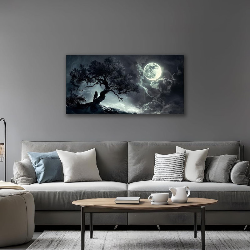 Grande peinture murale sur toile, paysage de lune, impressions sur toile, décor de nuit moderne au clair de lune, arbre sombre, images foncées, décoration murale, salon, salle de bain, salle de bain, esthétique 20 po x 40 po