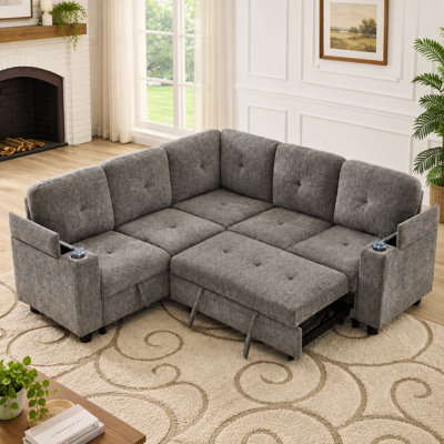 5-Seat Reversible L-Shaped Sleeper Sectional Sofa with Pull-Out Bed, Hidden Storage, USB & Type-C Charging and Cup Holders