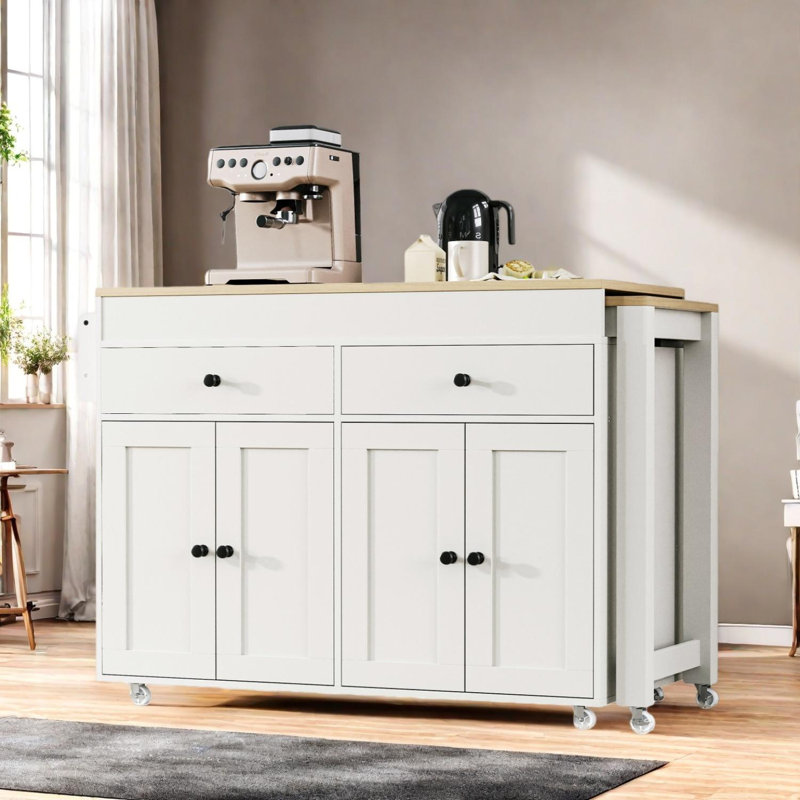 Kitchen Island with Extendable Dining Table, Rolling Cart with Spice Rack & Drawers, White