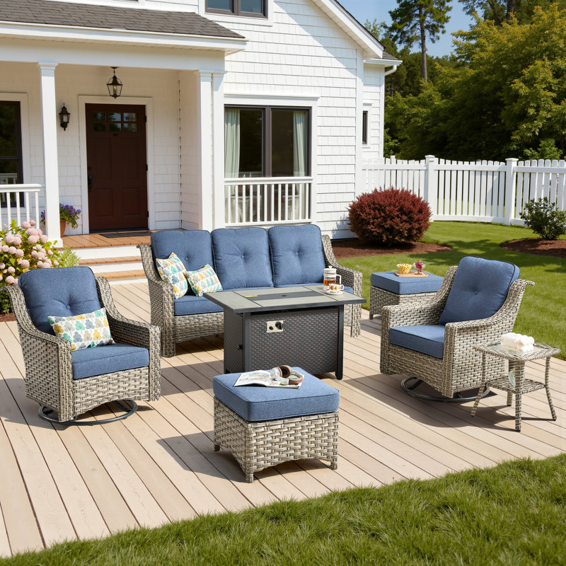 Daliya 7 - Person Outdoor Wicker Patio Conversation Furniture Set With Fire Pit Table And Swivel Rocking Chairs, Denim Blue