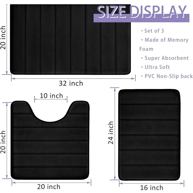 Ensemble de 3 tapis de salle de bain en mousse viscoélastique noir