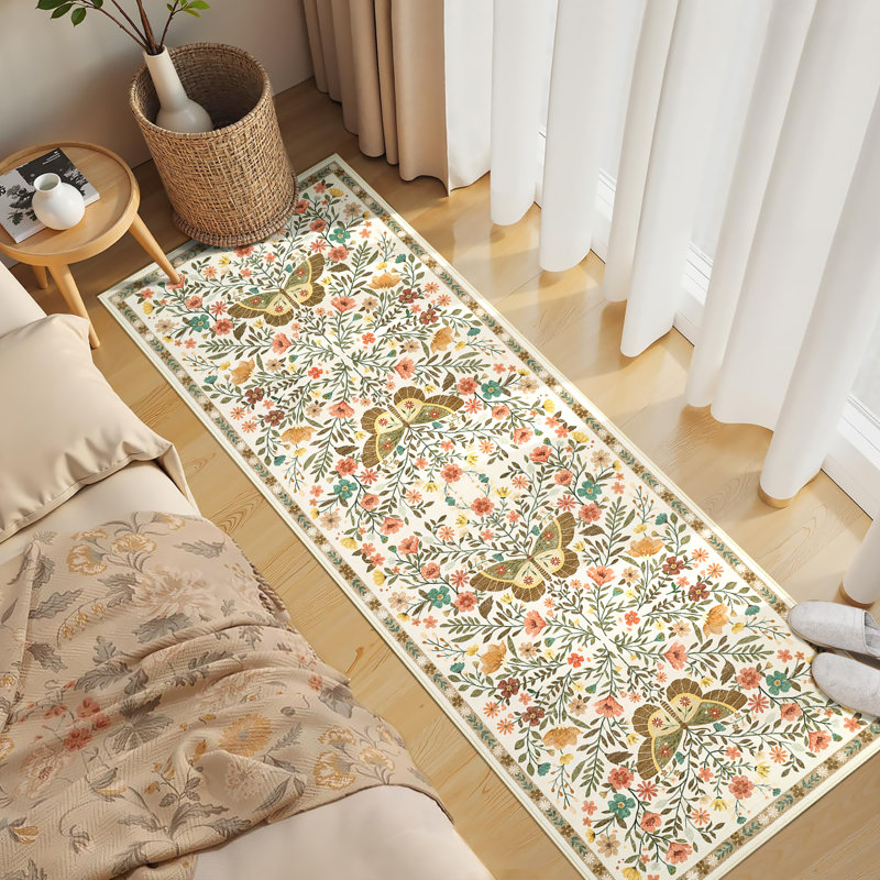 Farmhouse Floral Machine Washable Rug with Non Slip TPR Backing Soft Thin Foldable Mat Botanical Butterfly Printed Carpet Low Pile Non Shedding Carpet