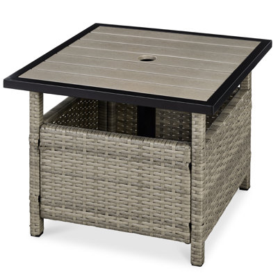  Wicker Rattan Patio Side Table Outdoor Furniture For Garden, Pool, Deck W/ Umbrella Hole - Taupe