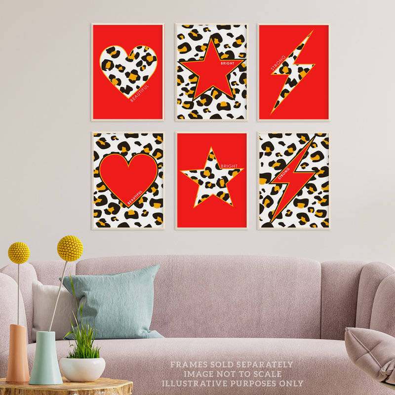Leopard Pattern Bold Shapes - 6 Piece No Frame Print Set, Multicoloured Red, 40.5cm H x 30.5cm W x 0.3cm D
