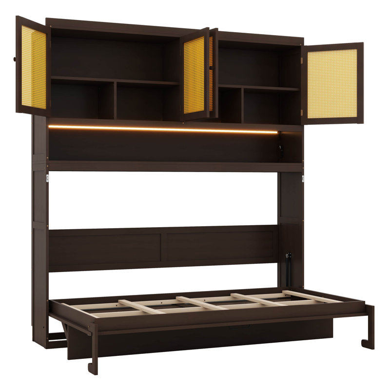 Lit escamotable simple avec armoire, lit pliant peu encombrant avec éclairage et port USB, Espresso