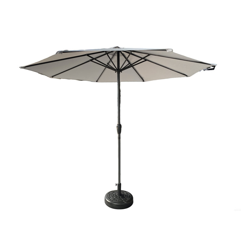 Parasol de marché gris de 9 pi - Protection, nervures, inclinaison à bouton-poussoir pour différents emplacements, cadre et manivelle, activités de patio, de plage et de jardin adaptées
