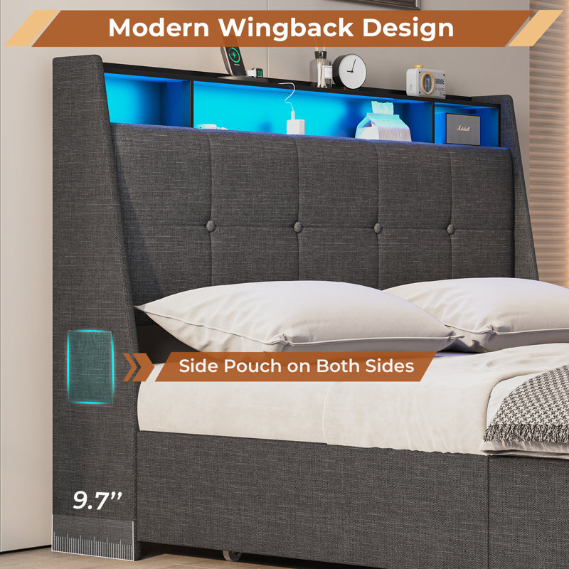 LED Upholstered Platform Bed Frame with 4 Storage Drawers and Storage Headboard, Full, Gray Linen